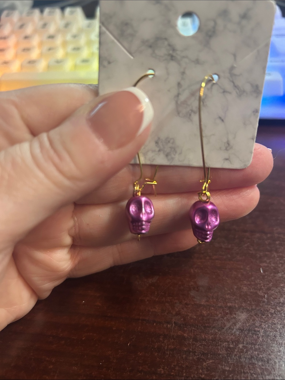 Gold Hoop Earrings with light Purple Skull Charms - Women's Jewelry